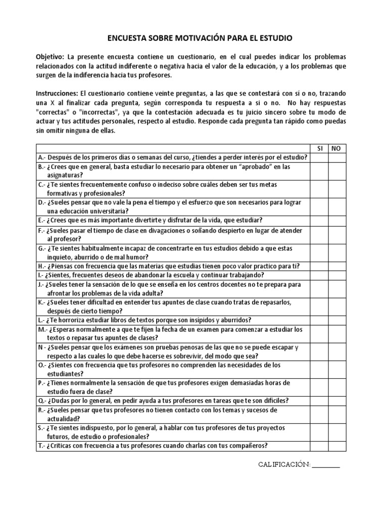 Encuesta Sobre Motivación para El Estudio | PDF | Cuestionario | Prueba ...