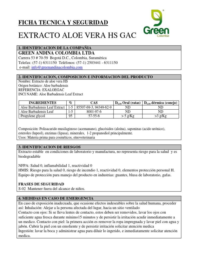 MSDS EXTRACTO Aloe Vera HS GAC 141006 PDF PDF Combustión Dióxido