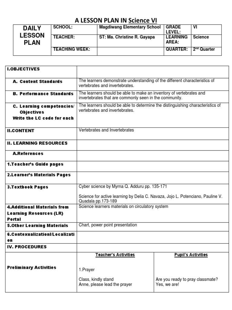A LESSON PLAN in SCIENCE 6 Vertebrates and Invertebrates | Invertebrate