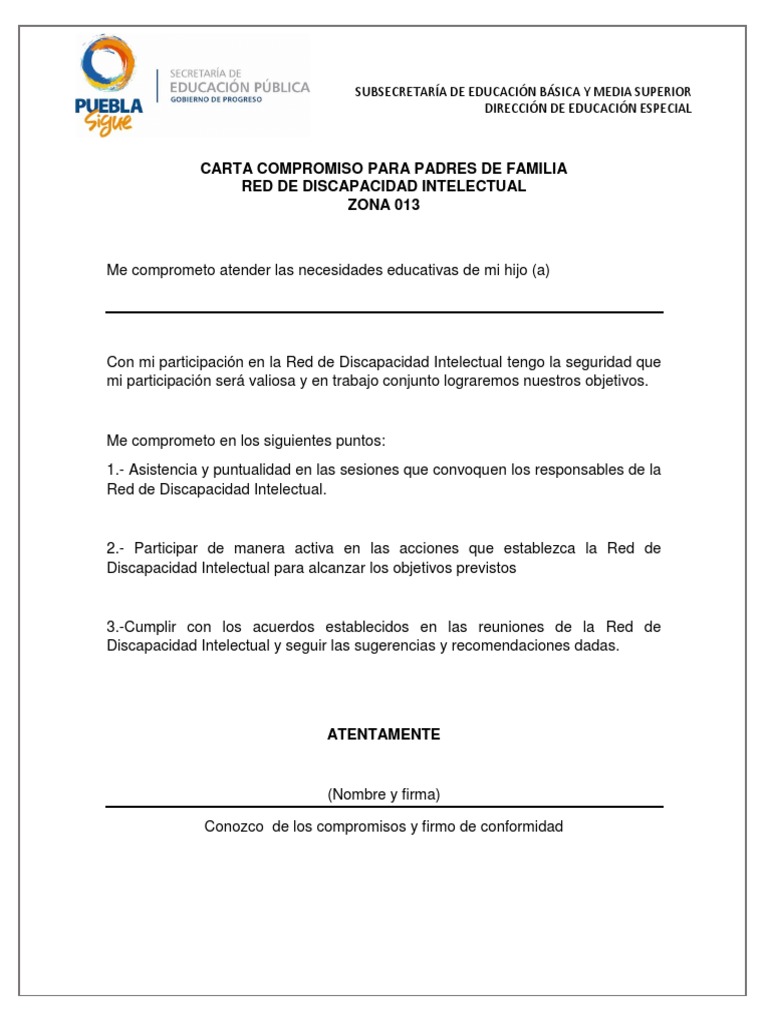 Carta Compromiso para Padres de Familia | PDF