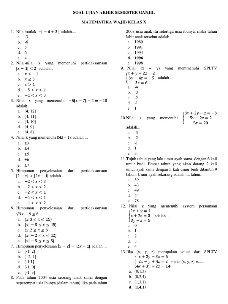 Soal Ujian Akhir Semester Ganjil Matematika Kelas X