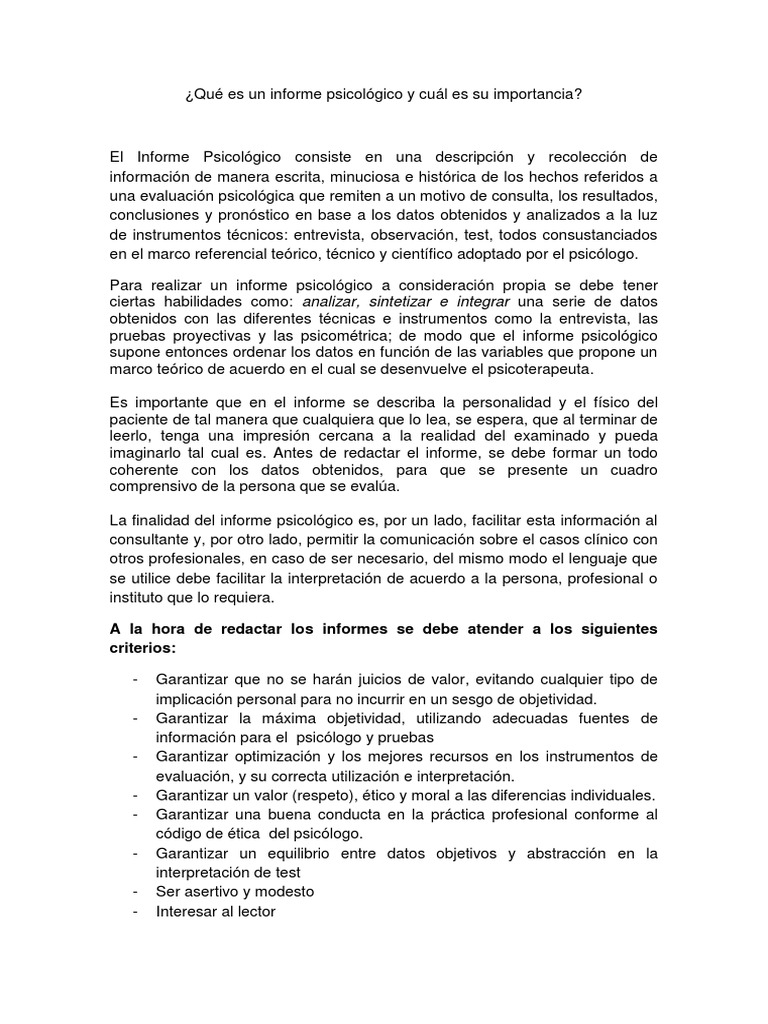 Que Es Un Informe Psicologico y Cual Es Su Importancia