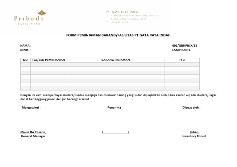 Form Peminjaman Barang | PDF