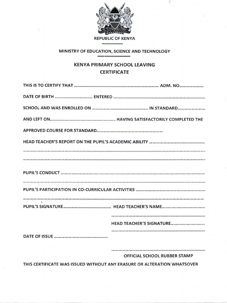 Kenya Primary School Leaving Certificate PDF  PDF For School Leaving Certificate Template