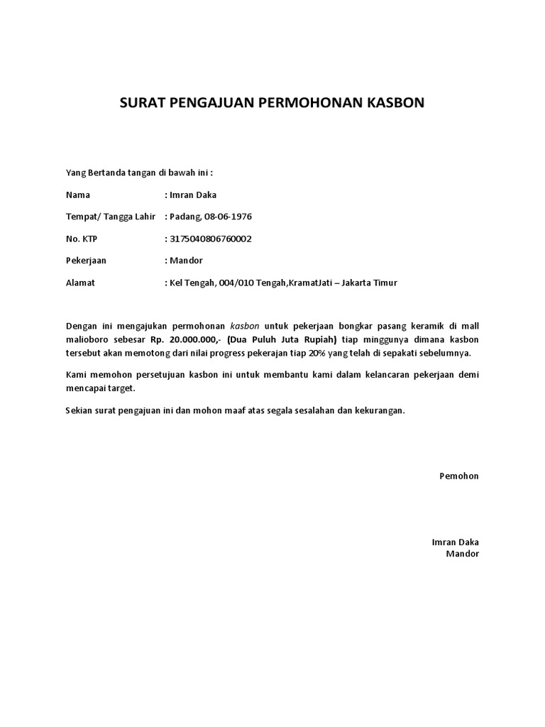 Surat Pengajuan Permohonan Kasbon