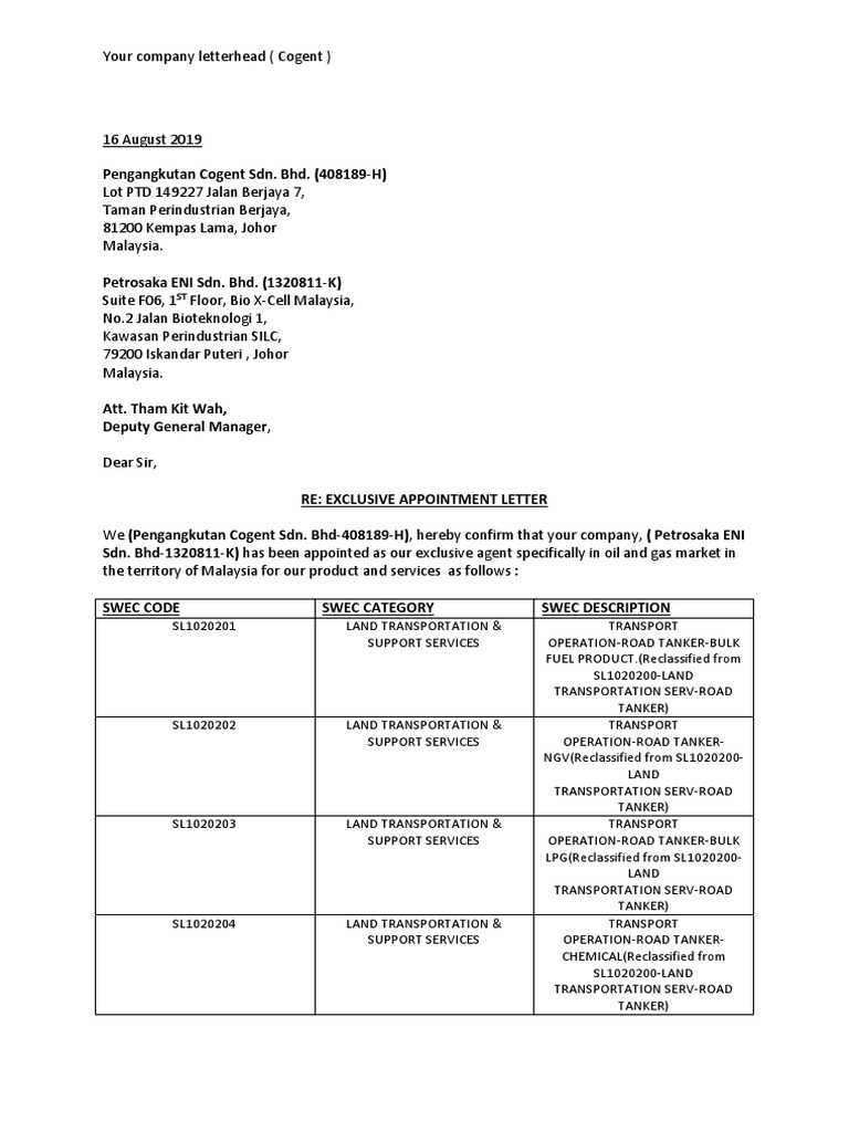 Exclusive Agent Appointment Letter Pdf Methane Fuel Production