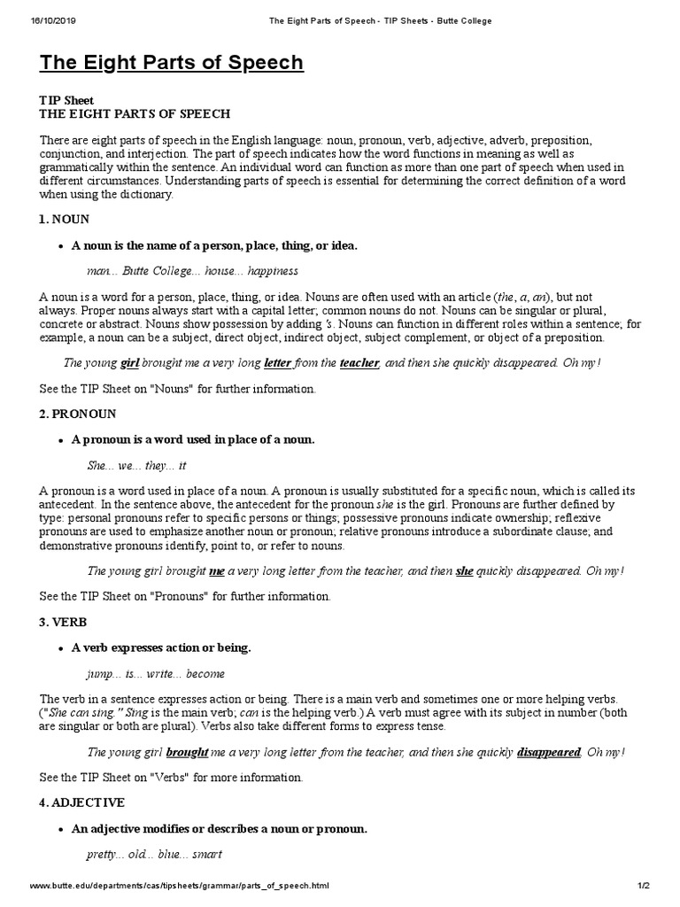 The Eight Parts of Speech - TIP Sheets - Butte College | Download Free ...