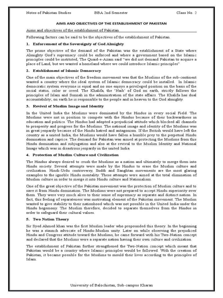 Aims And Objectives Of Establishment Of Pakistan Meaning In Urdu