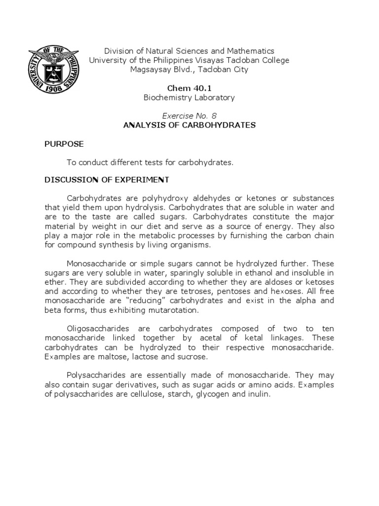 Carbohydrate Analysis Lab Exercise | PDF | Carbohydrates | Renewable Fuels