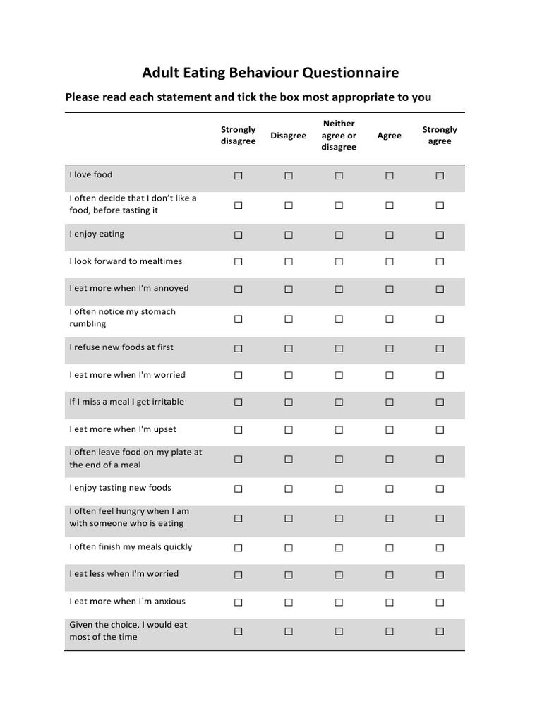 Adult Eating Behavior Questionnaire | PDF | Eating | Eating Behaviors