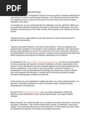 Code Of Ethics For Professional Teachers Pdf Teachers Value Ethics