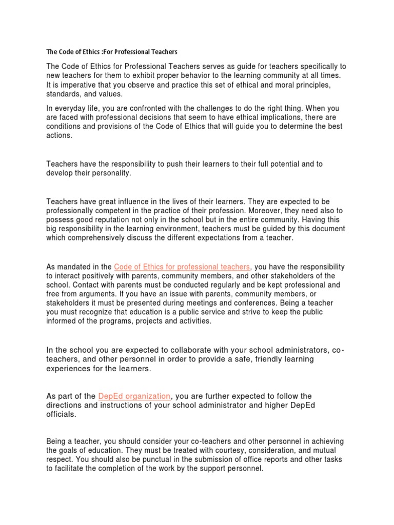 Code Of Ethics For Professional Teachers Pdf Teachers Value Ethics