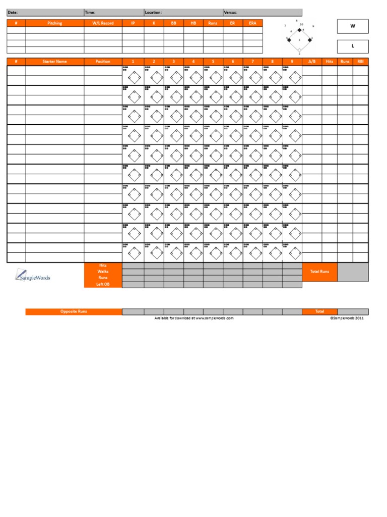 # Pitching W/L Record IP K BB HB Runs ER ERA: Date: Time: Location ...