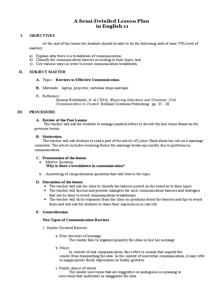 Lesson Plan on Barriers to Effective Communication Lesson Plan