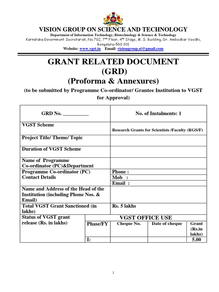 Grant Related Document (GRD) : (Proforma & Annexures) | PDF ...