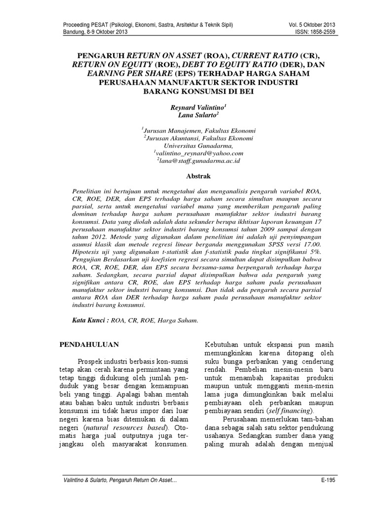 PENGARUH (Roa), (Cr), (Roe), (Der), (Eps) TERHADAP HARGA SAHAM