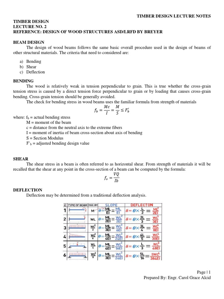 Timber Design Lecture Notes Prelim PDF | PDF | Bending | Beam (Structure)