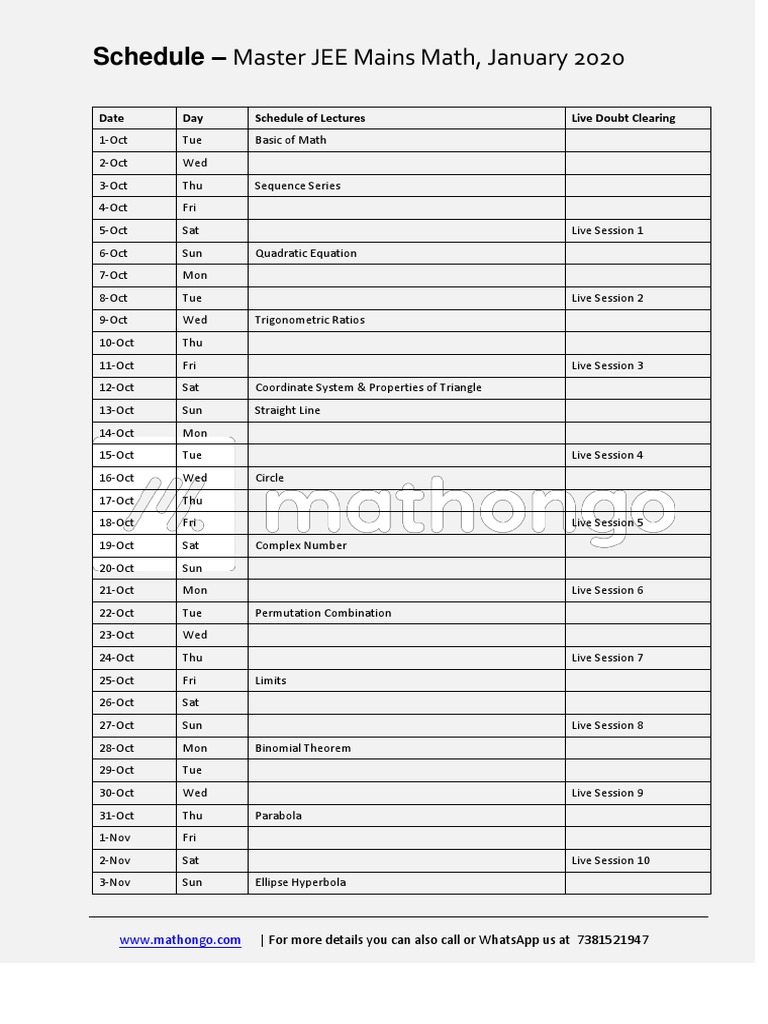 JEE Mains Math Crash Course Schedule | PDF | Theoretical Physics ...