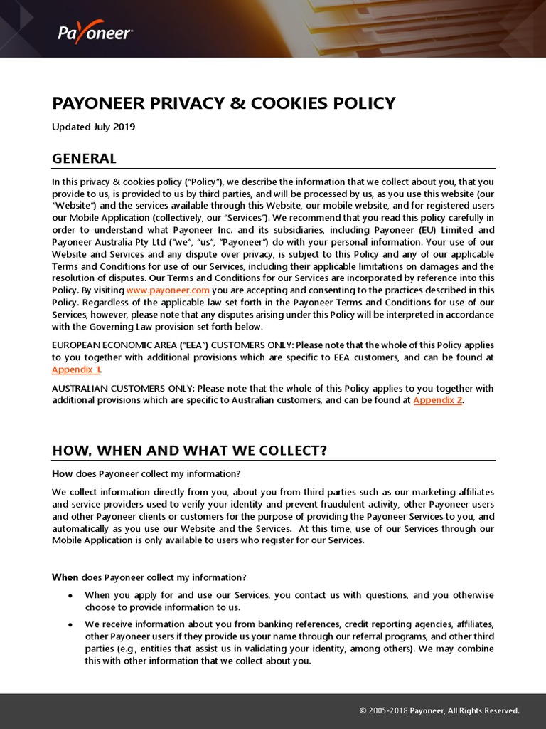 Payoneer Privacy & Cookies Policy: General | PDF | Http Cookie | Online  Advertising