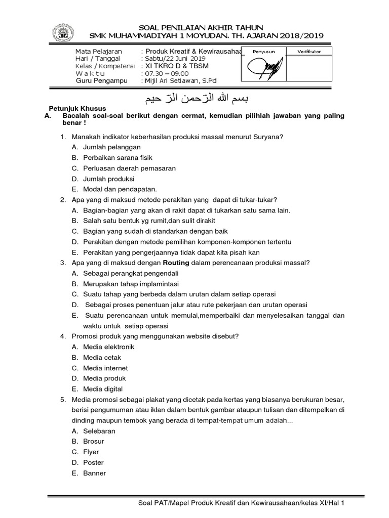 Soal Pat 2018 2019 Pkk Docx