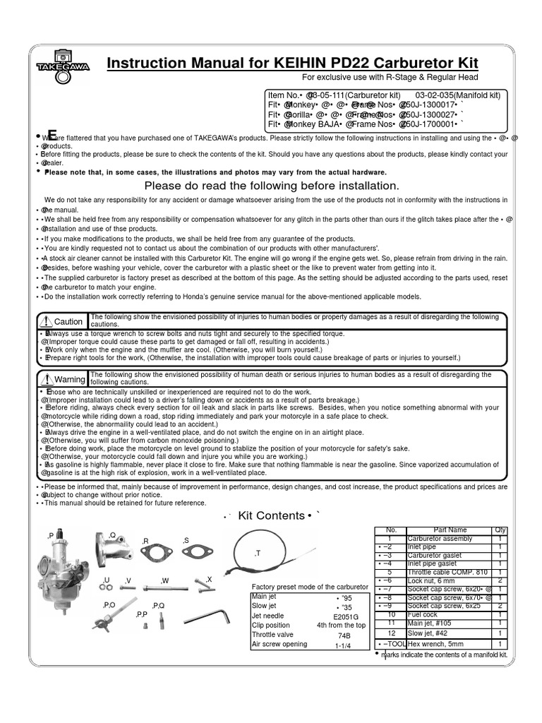 Instruction Manual For KEIHIN PD22 Carburetor Kit Please Do Read The