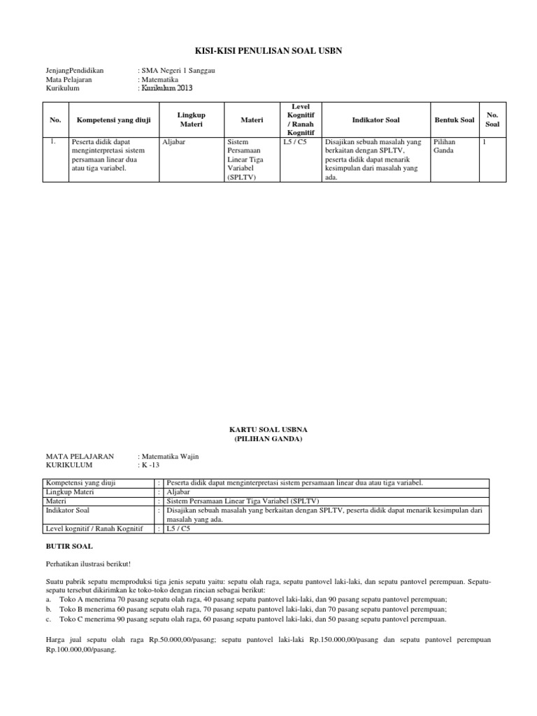 Kisi Kisi Dan Kartu Soal Hots Usbn