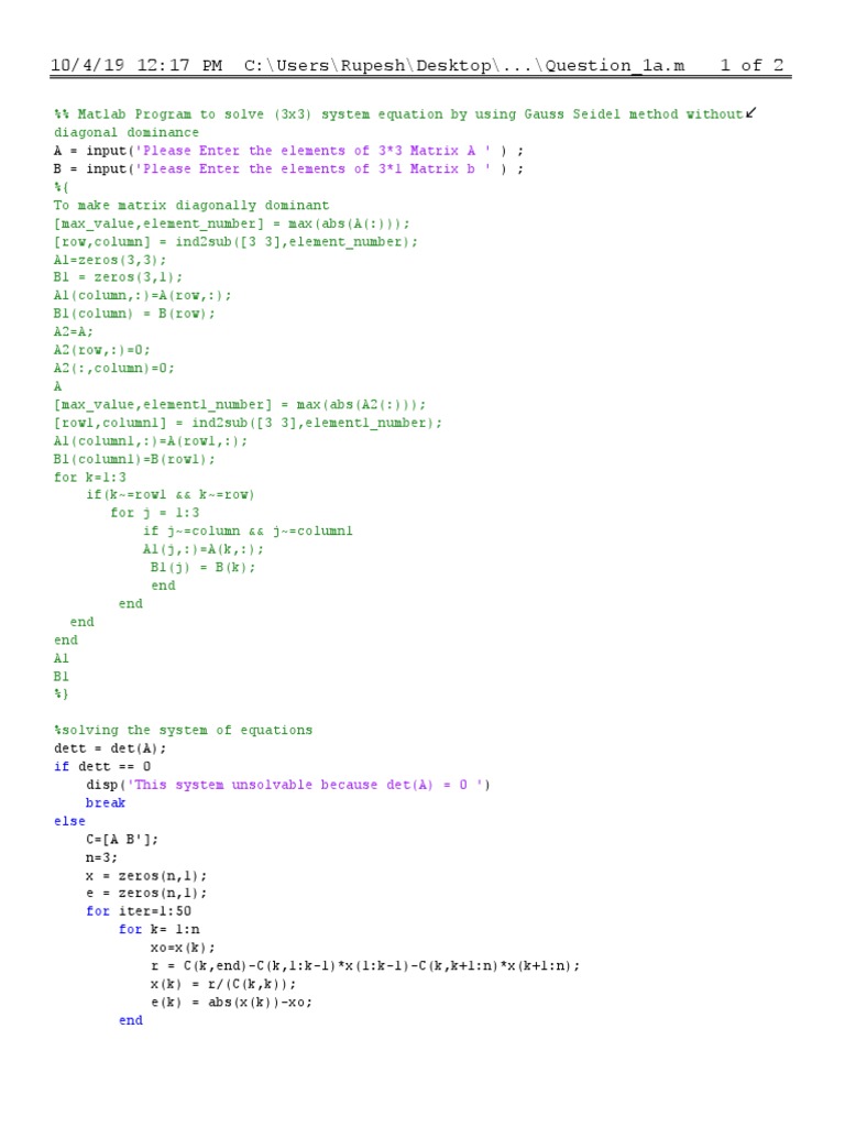 Gauss Seidel Matlab Program | PDF