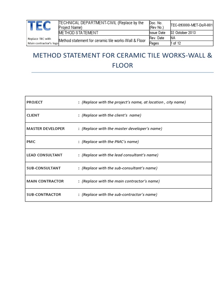 Ceramic Tile Installation Method Statement Pdf Tile Flooring