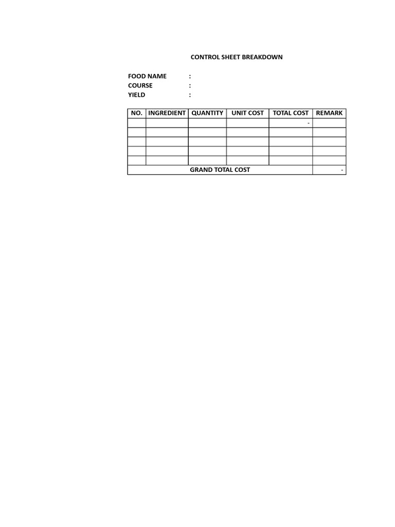 Food Costing Control Sheet | PDF