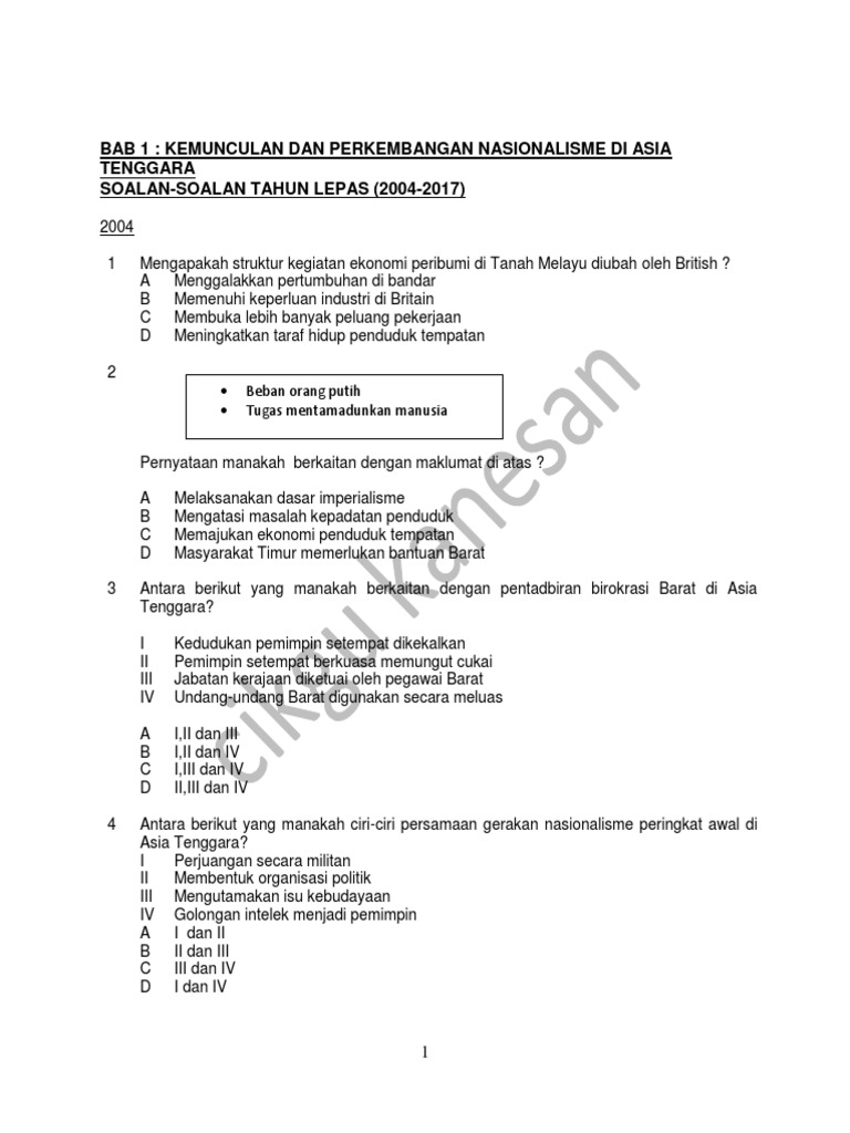 Soalan Tahun Lepas Kertas 1 2004 2017 Ting 5 Pdf
