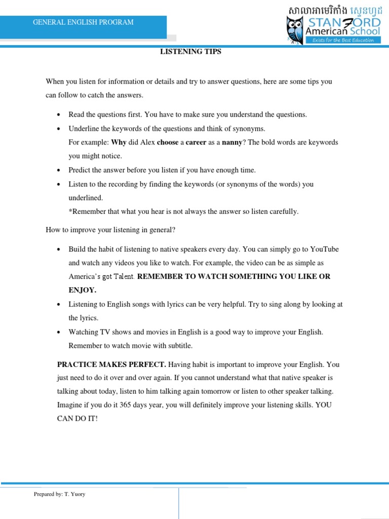 Listening Tips: General English Program | PDF
