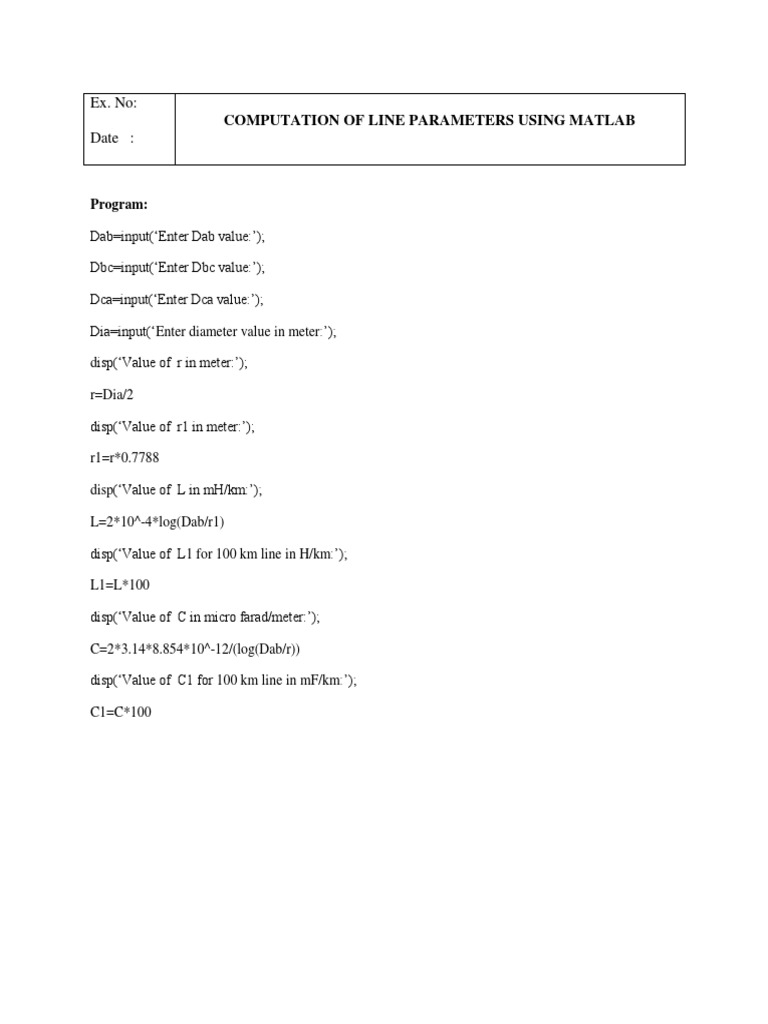 Ex. No: Date:: Computation of Line Parameters Using Matlab | PDF