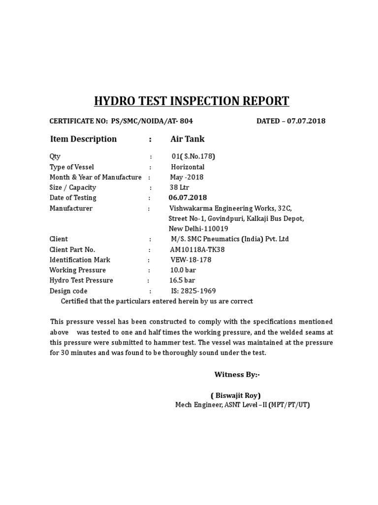Hydrotest Test Format PDF Hydraulics Chemical Equipment