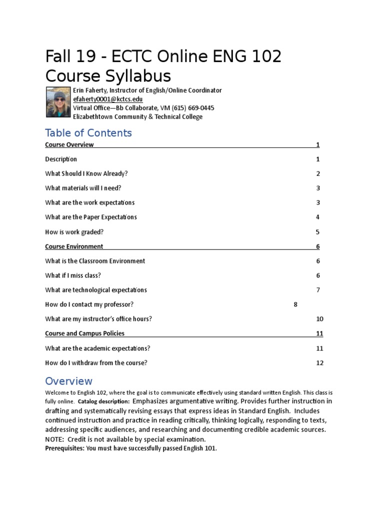 ENG 102 Online Course Syllabus | PDF | Academic Dishonesty | Plagiarism