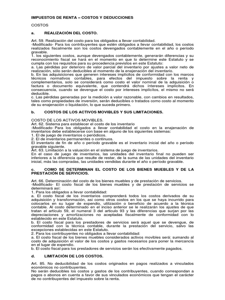 Deducciones y Costos en Impuestos de Renta | PDF | Depreciación | Impuestos