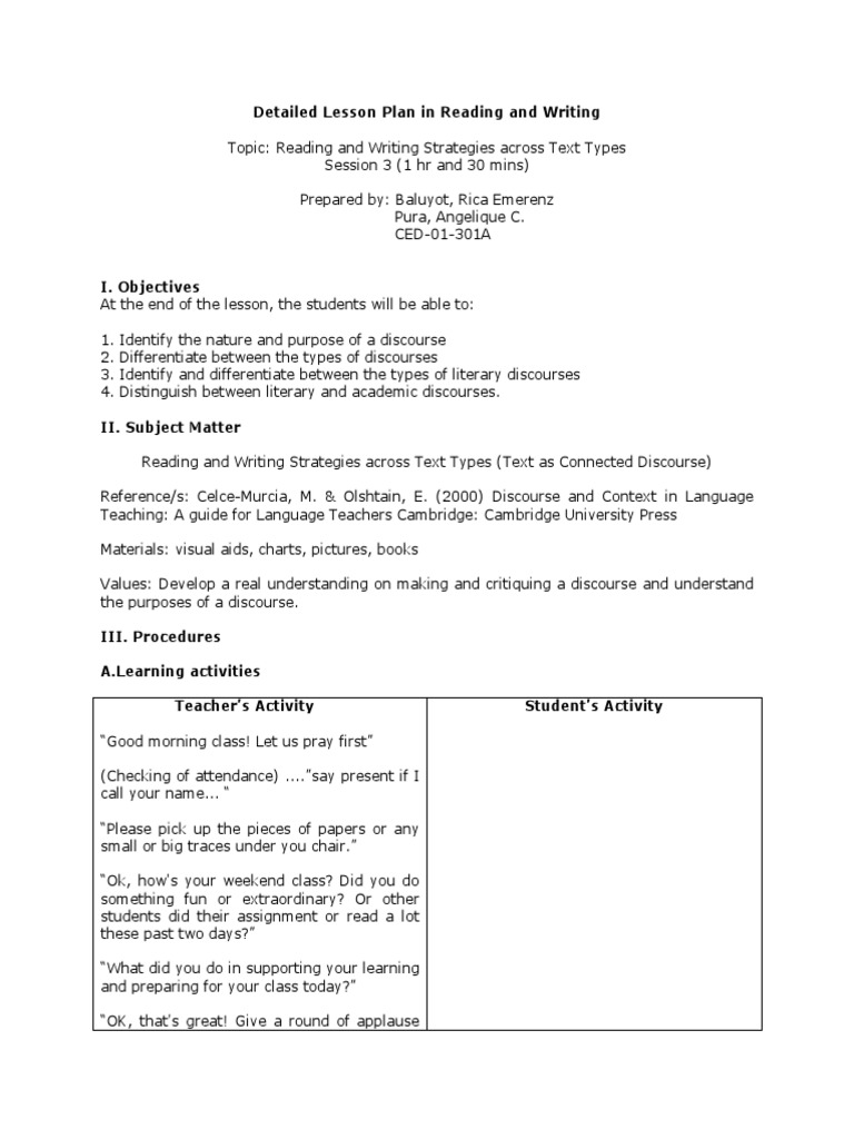 Reading and Writing Discourse Strategies | PDF | Writers | Lesson Plan