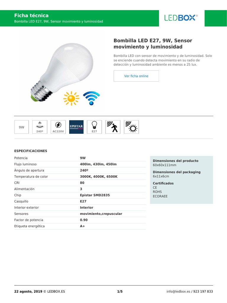 Ficha Técnica Bombilla Led Con Sensor de Movimiento, PDF, Diodo emisor de  luz