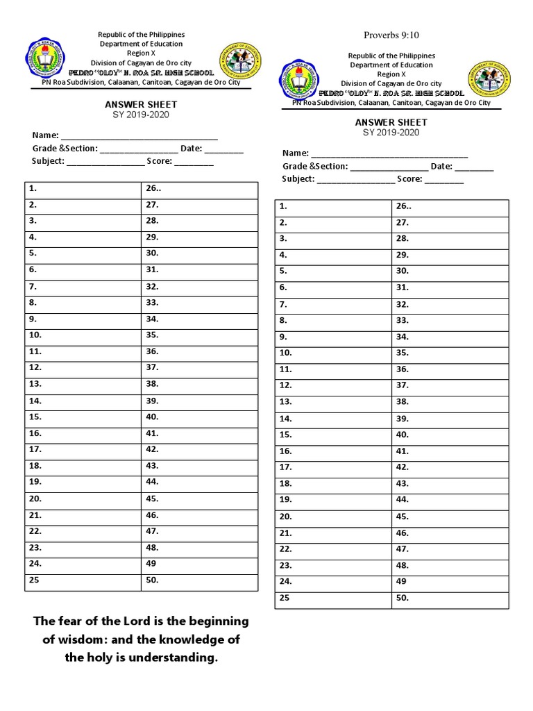 PN Roa High School Answer Sheet 2019-2020 | PDF | Wisdom