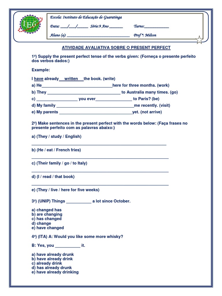Exercícios Sobre o Present Perfect | PDF | Onomastics | Linguistic ...