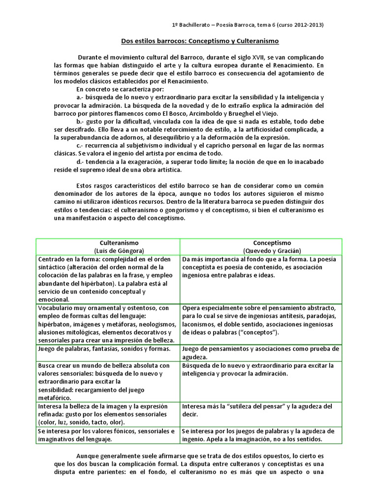 Dos Estilos Barrocos Conceptismo Y Culteranismo Pdf Barroco