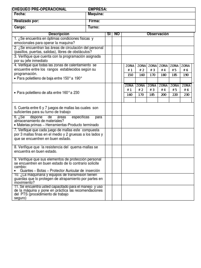 Chequeo Pre-Operacional de Extrusora | PDF