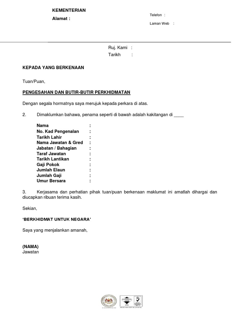 Contoh Surat Pengesahan Perkhidmatan