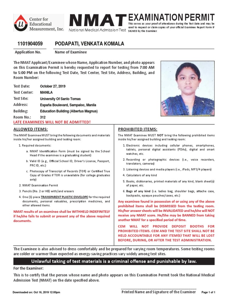 Nmat Examination Permit-1101904059 | PDF | Identity Document | Test ...
