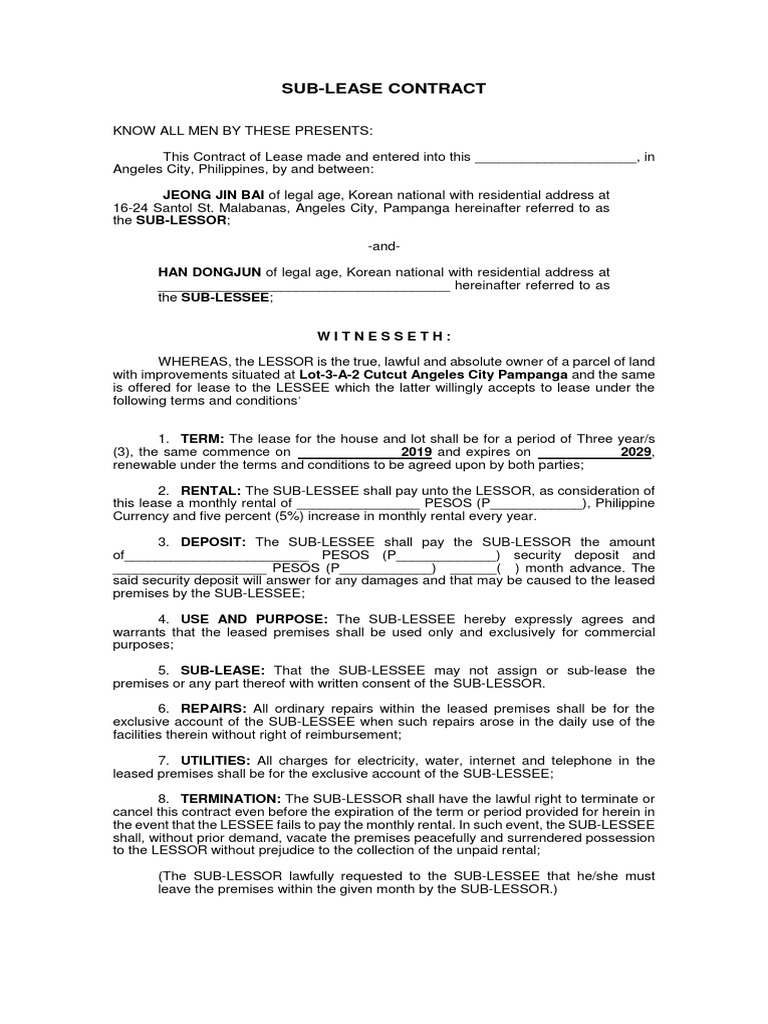 SubLease Contract JEONG JIN BAI of Legal Age, Korean National With