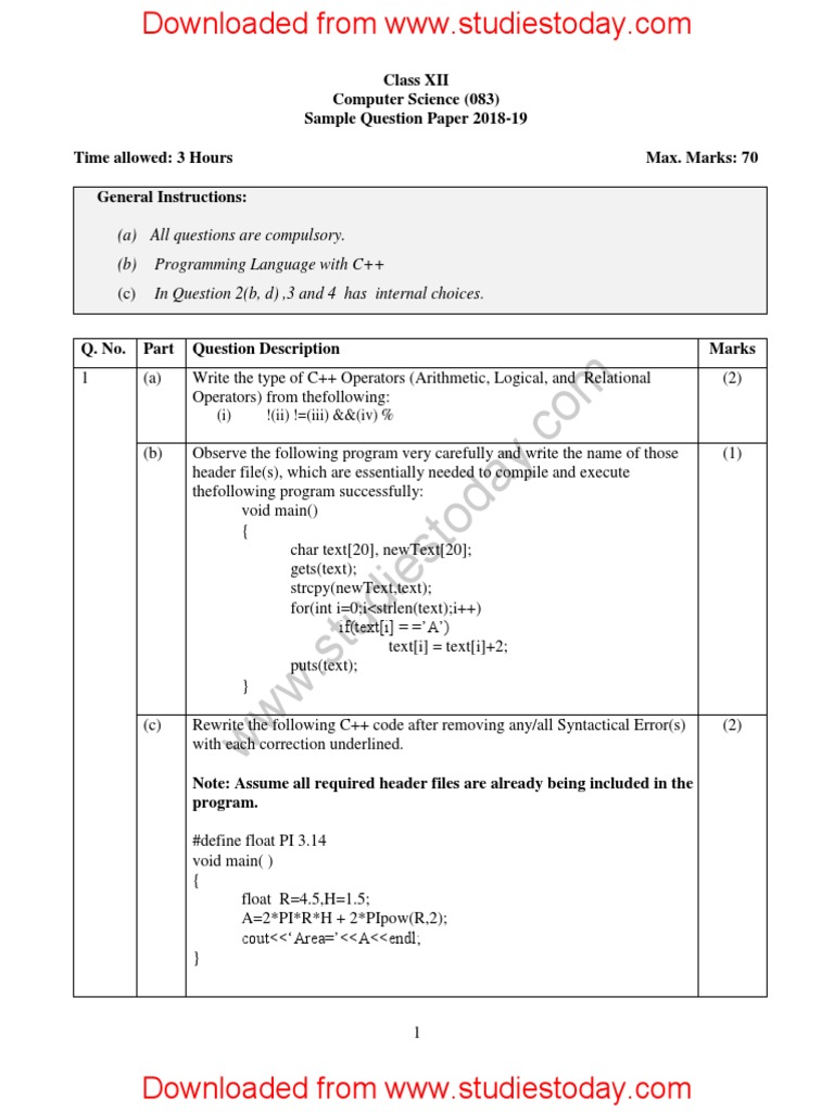 Class XII CS Sample Paper | PDF | Array Data Structure | Computer Program