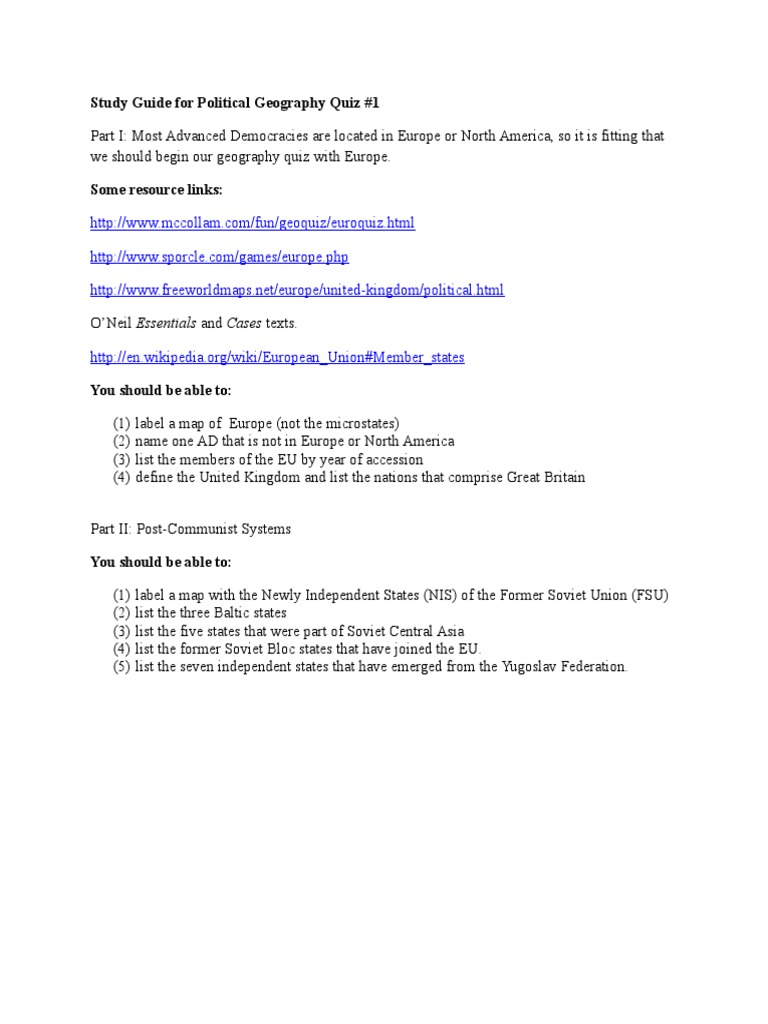 Political Geography Quiz Study Guide | PDF | Politics | Travel