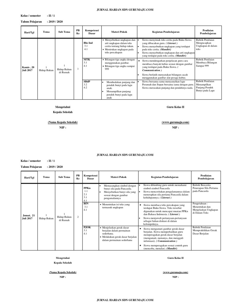 Jurnal Harian Kelas 2 Tema 1 Sem 1 | PDF