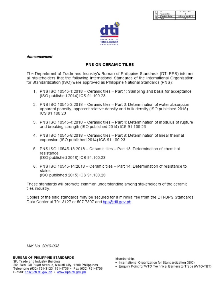 PNS Standards for Ceramic Tiles | PDF | International Organization For ...