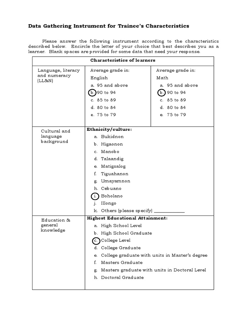 Trainee Characteristics Data Gathering Tool | PDF | Learning Styles ...