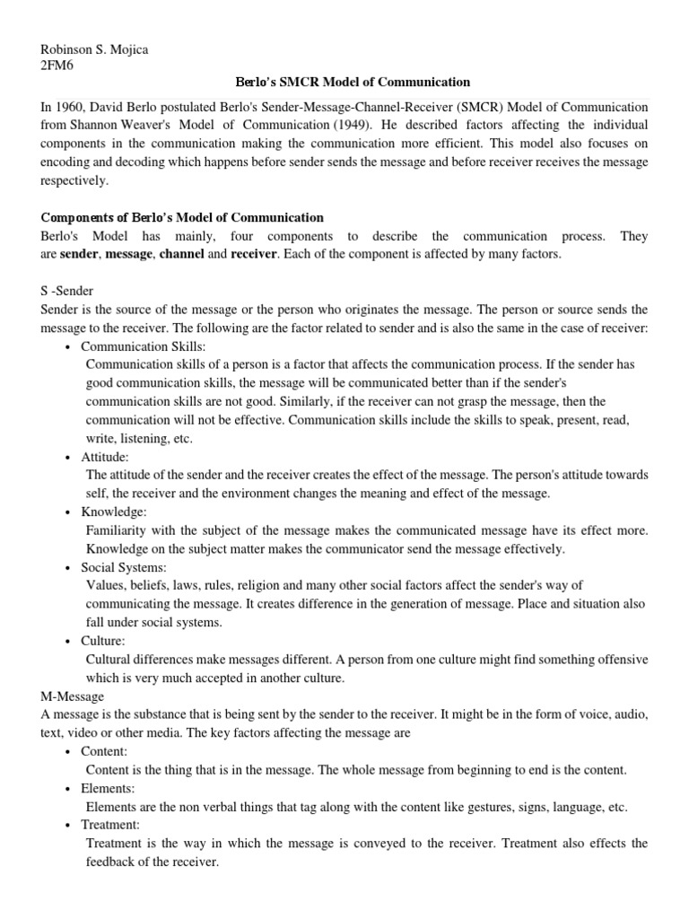 Berlo's SMCR Communication Model Explained | PDF | Nonverbal ...